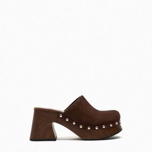 Zara Women's Suede Dark Brown Block Heel Clogs 38